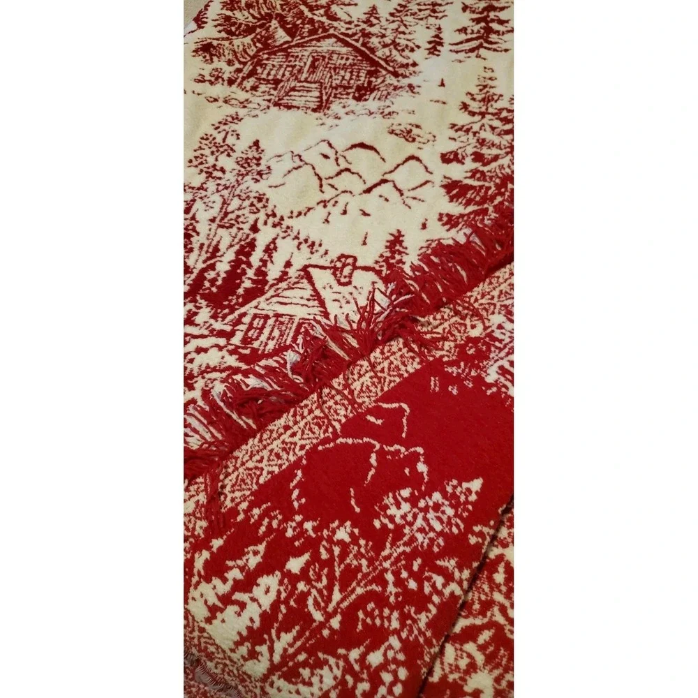 Brooks Brothers Red Chenille Christmas‎ Trees Houses Throw Blanket Fringe 50x70